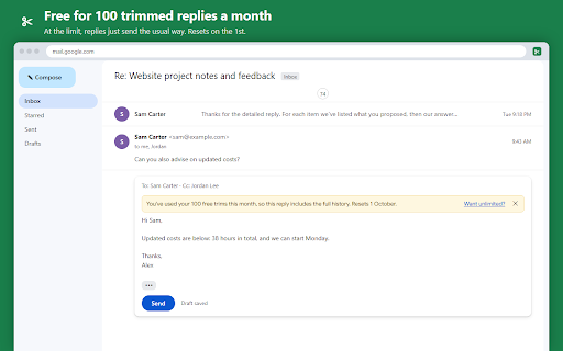 ThreadTrim: Trim Quoted Text in Gmail Replies :: Stop sending the whole conversation. Removes the previous emails quoted under your Gmail™ replies, so every message stays short.