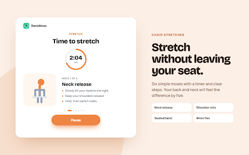 Deskmoss – Break Reminder for Water, Eye Rest & Stretching :: Water, eye-rest and posture reminders with animated desk stretches. Pauses when you step away. Fits any shift, day or night.