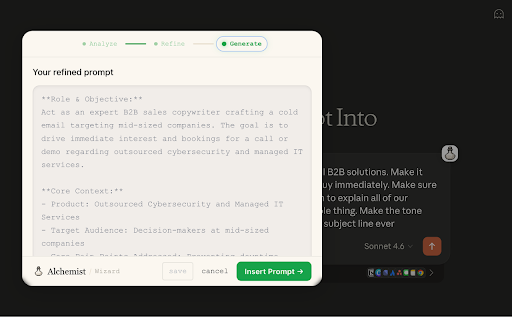 Alchemist – AI Prompt Optimizer & Generator :: AI prompt optimizer and generator. Write better prompts, get better AI responses, directly in your browser.