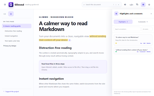 Glimmd — Markdown Reader :: Read Markdown in Chrome with themes, an outline, auto refresh, folder navigation, and custom styles.
