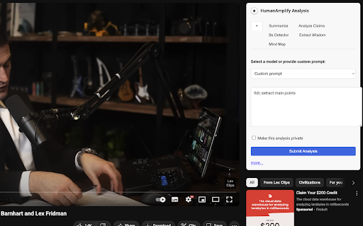 HumanAmplify: AI-powered YouTube analysis :: Summarize, analyze, and understand YouTube videos with AI. Detect BS, extract business ideas, and more.