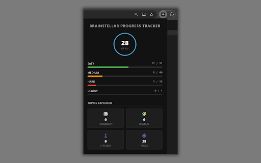 Brainstellar Progress Tracker :: The ultimate quant interview prep tool. Track your Brainstellar puzzle progress with a native analytics dashboard.
