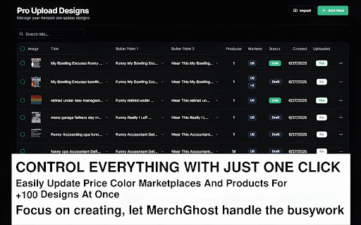 MerchGhost For Merch By Amazon, Redbubble, TeePublic :: Automate design uploads across Amazon Merch, TeePublic, and Redbubble. Includes Amazon BSR & ASIN scraper for market research.