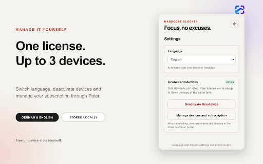 Hardcore Website Blocker – Fokus & Produktivität :: Blockiert ausgewählte Websites während eines verbindlichen Fokus-Timers. Blocker-Daten bleiben lokal.