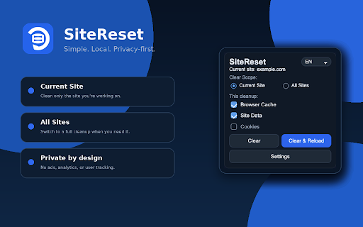SiteReset - Clear Cache & Site Data :: Clear cache, local storage and cookies for the current site, with optional reload and quick per-use controls.