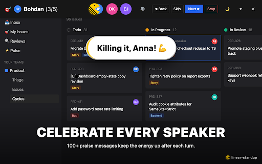 Linear Standup :: Daily standups for Linear: random speaker, auto-filter tasks, Pac-Man eats avatars as they speak. Hidden fun mode.