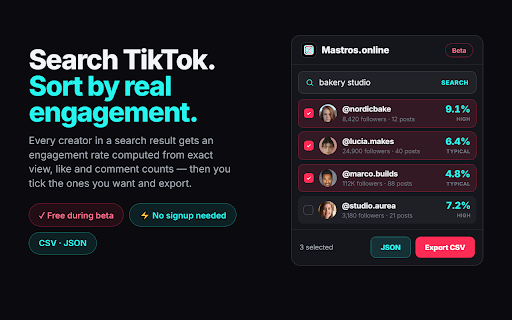 TikTok Scraper: Export Comments, Creators & Videos to CSV - Mastros :: TikTok email finder: export creator emails, save videos with no watermark, scrape any creator search by engagement rate. Free.