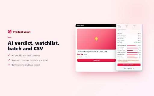 TikTok Shop Product Scout, Research & Margin :: Instant on-page scorecard for TikTok Shop products: net margin after fees, sales, saturation and risk. Free, scored in your browser.