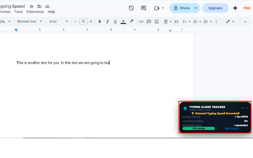 Typing Speed Test : by Typing Globe :: Test typing speed, WPM, and accuracy instantly. Live tracking widget for Google Docs, Word, and web pages with customizable timers.