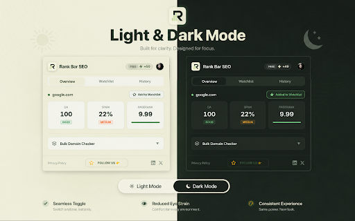 Rank Bar SEO – Free Domain Authority & Spam Score Checker :: Fast, modern SEO toolbar with Bulk check Free Domain Authority, Spam Score, and PageRank checker. Dofollow/nofollow link highlighter