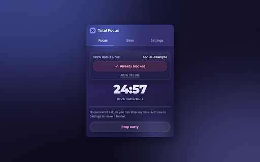 Total Focus :: Blocks distracting sites for a set time. A password keeps you from quitting on impulse.