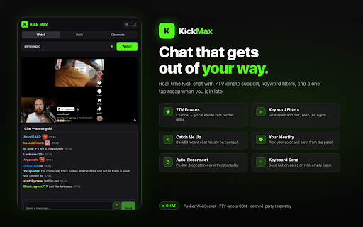 Kick Max :: Kick.com stream toolkit — watch live streams, browse VODs, and manage favorites from the sidebar