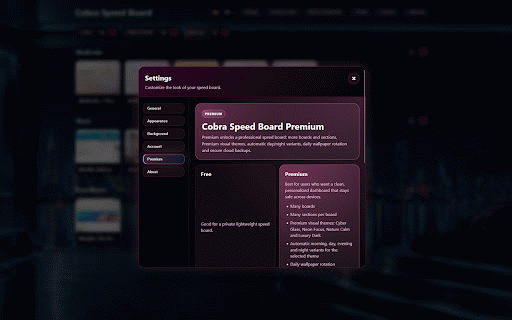 Cobra Speed Board :: Customizable Chrome new tab board for organizing shortcuts, sections, cloud backups, themes and Premium wallpapers.