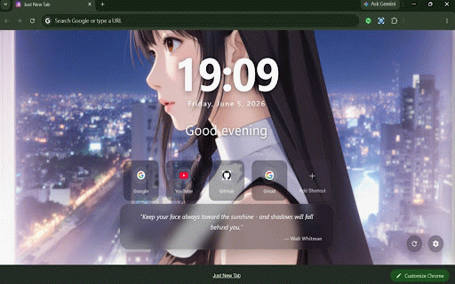 Just a New Tab :: 開啟新分頁,帶給您一整天的好心情。支援隨機背景、時鐘、自訂捷徑與金句小工具。
