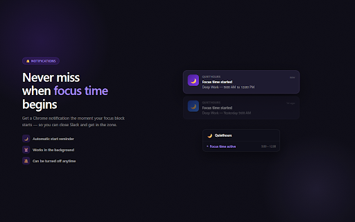Notification Mute & Focus Hours — Quiethours :: Block focus time on Google Calendar. Protect deep work from meetings. | Not affiliated with Anthropic, PBC.