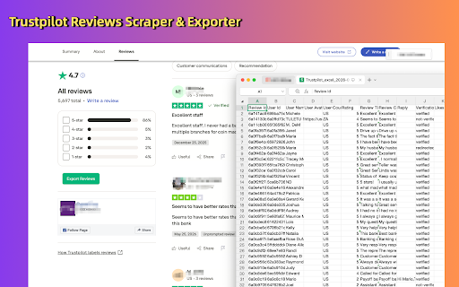 Trustpilot Reviews Scraper & Exporter :: Export Trustpilot reviews to CSV, XLSX, or JSON with ratings, dates, replies, reviewer info, and company metadata.