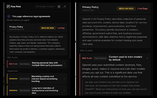 Fine Print: AI Terms of Service Reader :: AI terms of service reader. Auto-detects ToS and privacy policies, then flags red flags before you click Accept.