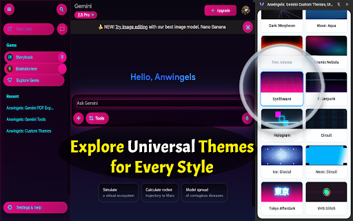 Anwingels: Gemini Custom Themes, UI Styles & PDF Export :: Anwingels: Gemini Custom Theme Creator. Real-time editor for Dark Mode, skins, backgrounds, UI tweaks, and one-click PDF downloads.