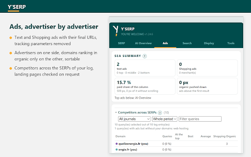 Y'SERP :: Paramètres d'URL Google Search, lecture de la SERP, AI Overview et annonces, journal des positions : le SEO sans quitter Google.