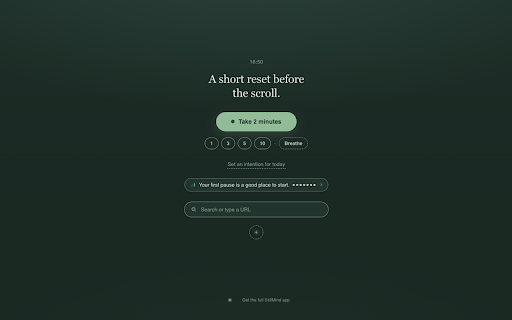 StillMind: Meditation & Breathing New Tab :: Turn every new tab into a calm meditation timer, breathing pacer, and focus space. Mindful breaks, no account, works offline.