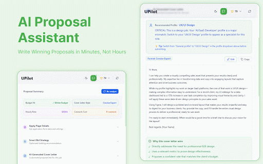 Upwork Copilot: AI Proposal Generator & Job Scorer :: AI assistant for Upwork. Score job fits, write winning proposals, and optimize your profile to save Connects and win more jobs.
