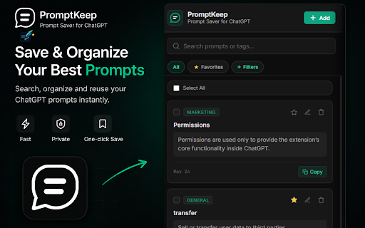PromptKeep - ChatGPT Prompt Saver :: Save, organize, search, and reuse ChatGPT prompts effortlessly.