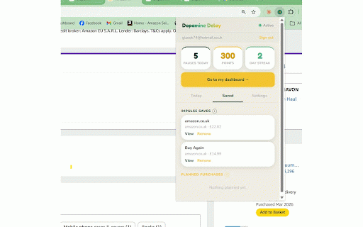 Pause Before Purchase – Dopamine Delay :: Pause impulse purchases, earn points, and sync your progress to the cloud.