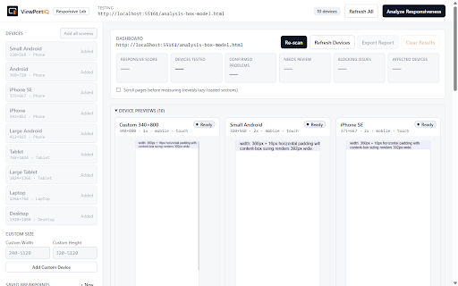 ViewPortIQ :: Multi-device responsive testing with verified issues, causes, validated CSS fixes and a responsive score — all local, no servers.