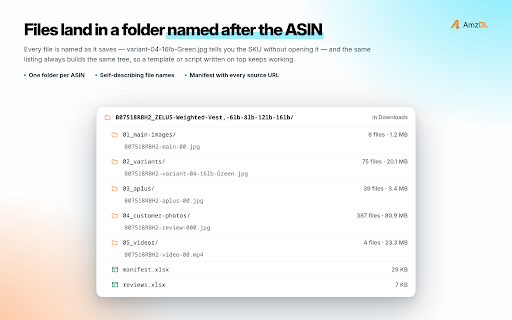 Amazon Product Image & Video Downloader, Review Exporter - AmzDL :: Bulk download images and videos from Amazon product pages: gallery, variations, A+. Save buyer photos, export reviews to CSV/Excel.