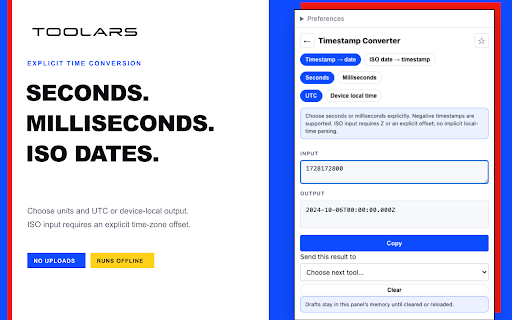 Toolars Developer Toolkit :: A private side-panel toolkit for developers: convert, inspect, encode and generate text, colors and more. Offline, no account.