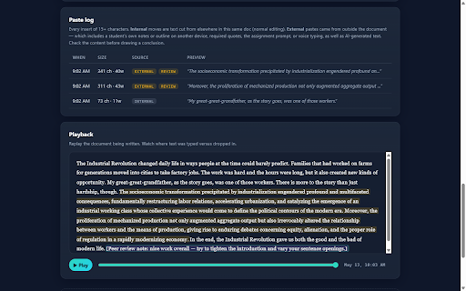 DraftTrack — See How a Doc Was Written :: See how a Google Doc was written: writing timeline, flagged pastes, and typed-vs-pasted view. By Classroom Ready AI.