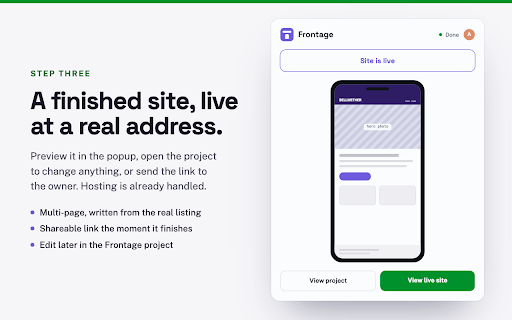 Frontage — your website in one click :: Turn any business page into a finished, live website in a single click.