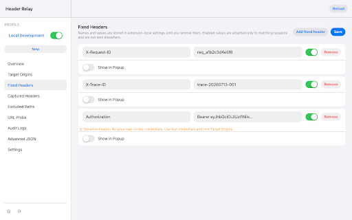 Header Relay :: Capture HTTP response headers and relay fixed or captured headers to matching browser requests.