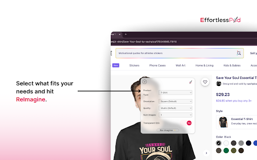 Effortless Pod ReImagine :: Effortless Pod ReImagine detects designs from a listing on supported platforms, then generates new, unique artwork inspired by it.