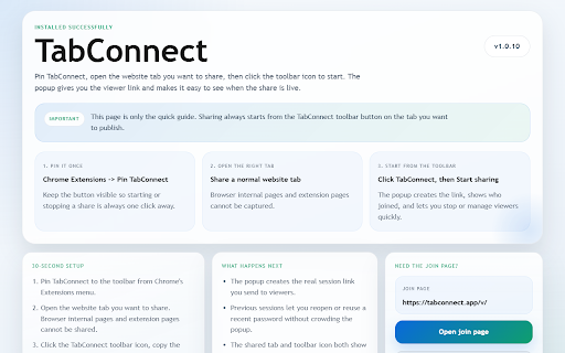 TabConnect: Browser Tab Screen Sharing :: Share your current browser tab with viewer links, live room controls, diagnostics, and chat.