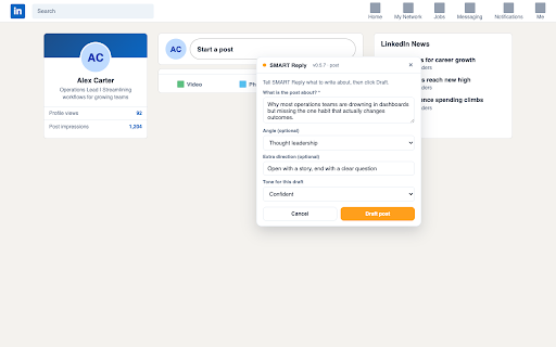 SMART Reply for LinkedIn :: Draft LinkedIn posts and comments grounded in your SMART Reply tone profile, without leaving LinkedIn.