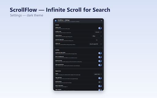ScrollFlow :: Autoscroll pages and inner panels with the middle mouse button: adjustable speed, curve, axes and per-site rules.