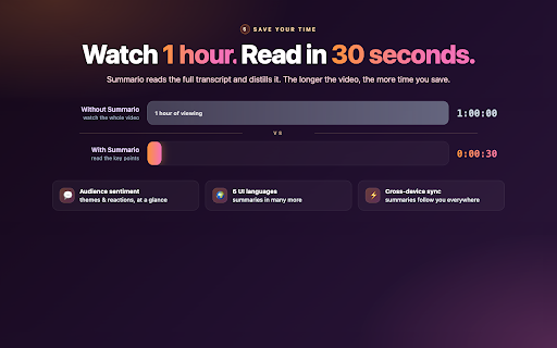 Summario: AI YouTube Summarizer & Chat :: Summarize any YouTube video with AI. Get key takeaways, timestamps, and chat — save hours of watch time.
