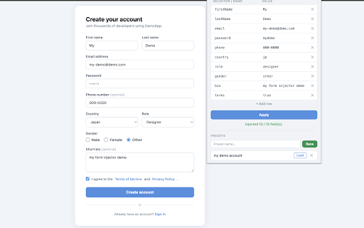Form Data Injector :: Inject test data into web forms via JSON. For developers and QA engineers.