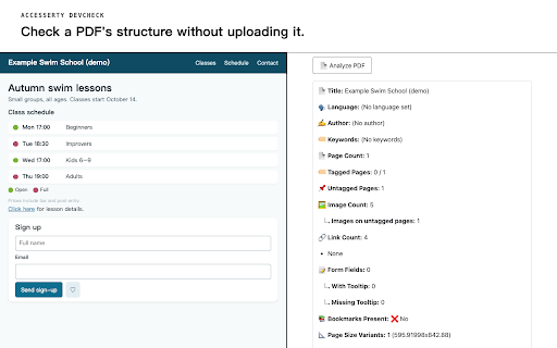 Accesserty DevCheck: Accessibility Checker :: Check pages and PDFs for accessibility in your browser: WCAG scans, focus order, headings, forms, and vision and tremor simulations.