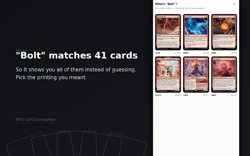 MTG Cart Companion :: Right-click any card name on any page to build a Magic deck, send it to TCGplayer, or build a whole deck around up to 5 seed cards.