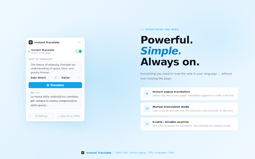 Instant Translate :: Instant Translate · Quick Translate · One Click Translate. Select any text on a webpage for an instant popup translation.