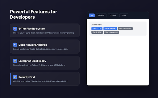 DevTraceShield - Always-On DevTools Recorder | Console & Network Logger :: Never lose another bug! Auto-capture console logs & network. 2,000 free logs, 7-day retention. Upgrade to Pro for unlimited.