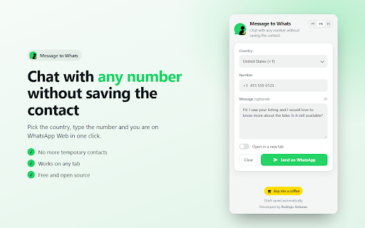 Message to Whats :: Send WhatsApp messages to any number without saving the contact.