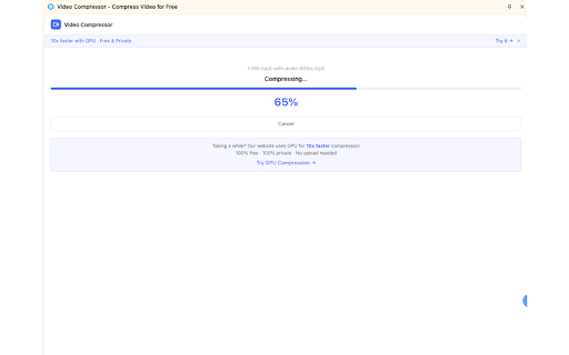 Video Compressor - Compress Video for Free :: Compress video files right in your browser sidebar. For Discord, WhatsApp, Email. Fast, free, 100% private.