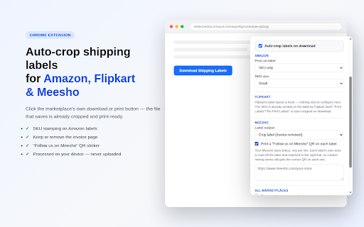 Sellerio — Seller Toolkit for Amazon, Seller Flex, Flipkart & Meesho :: Auto-crop shipping labels on Amazon, Seller Flex, Flipkart & Meesho — click their download button, get a print-ready label.