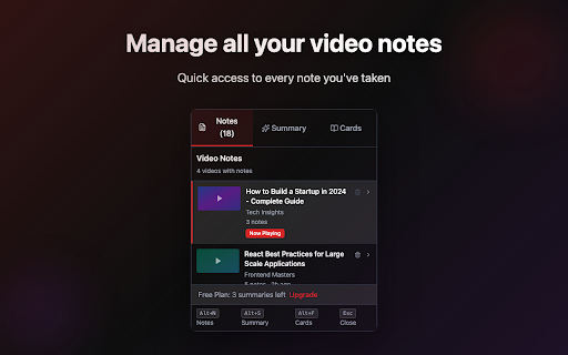 YouTube Notes to Notion & Obsidian - AI Notes :: Take timestamped notes on YouTube and send them to Notion or Obsidian in one click. Full transcript, AI summary and flashcards too.