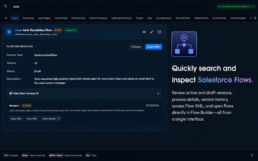 Quick Metadata Search for Salesforce :: Lightning-fast spotlight search to query, inspect, and manage Salesforce metadata, Apex code, custom fields, and permissions.