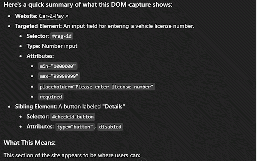 Element to LLM - DOM Capture for AI :: Capture DOM elements with full context for AI debugging and analysis
