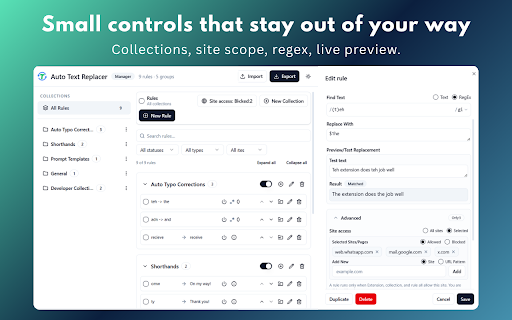 Auto Text Replacer: Replace Words & Phrases on Websites :: Automatically replace words and phrases as you browse and type. Set your rules once; they apply on their own.